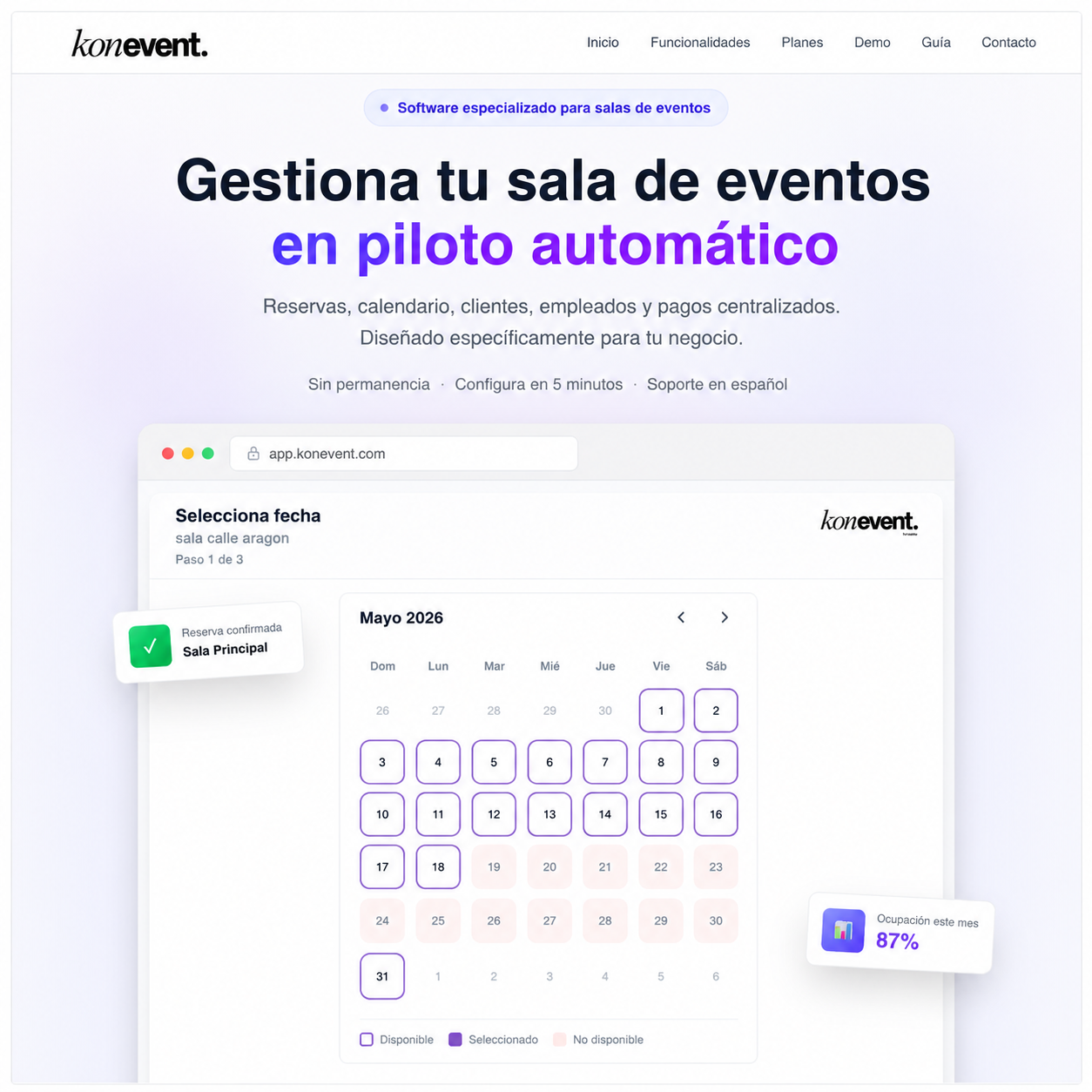 Web de Konevent, plataforma de reservas desarrollada por Bolmia